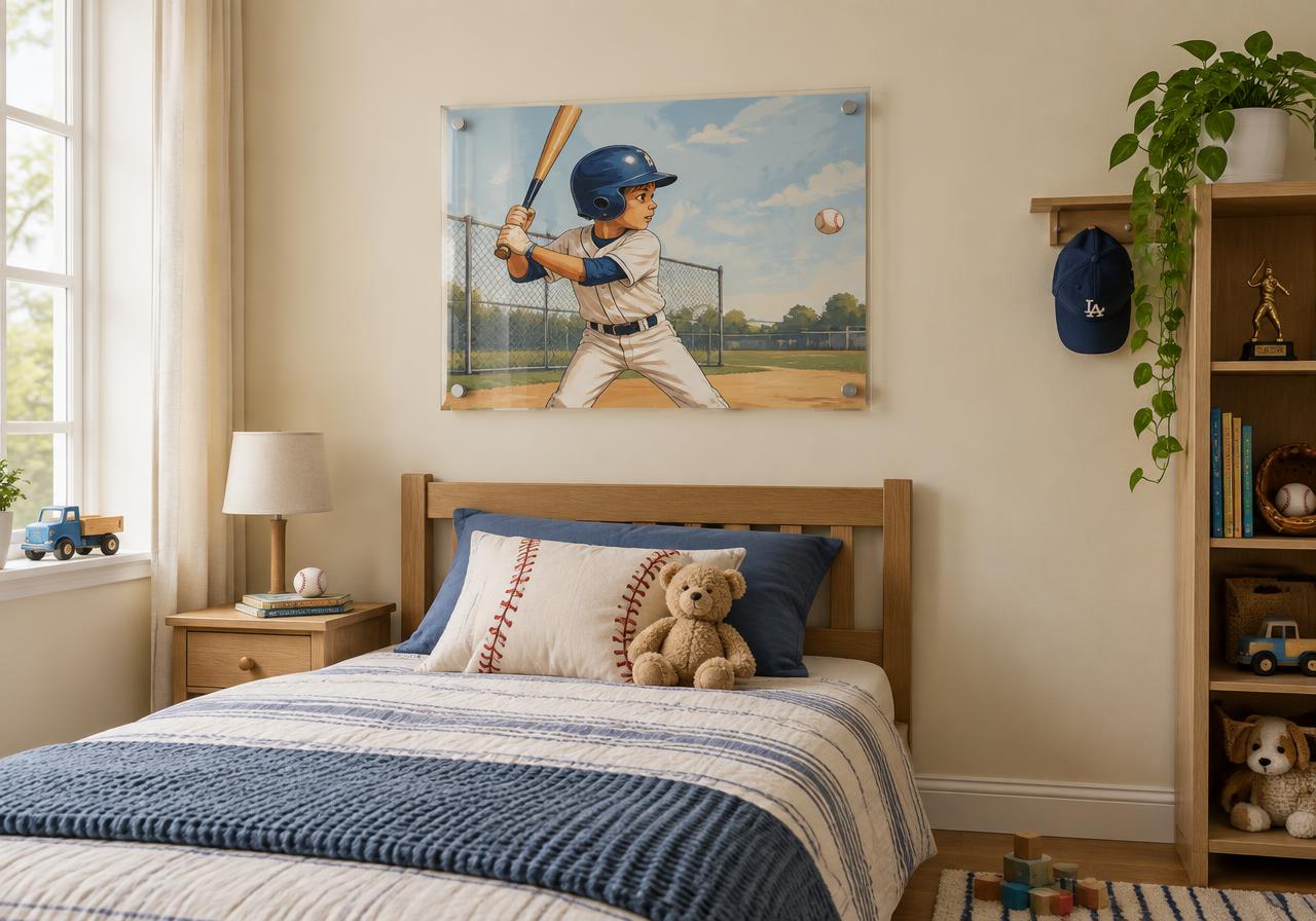 Little Slugger Portrait shown in a styled bedroom